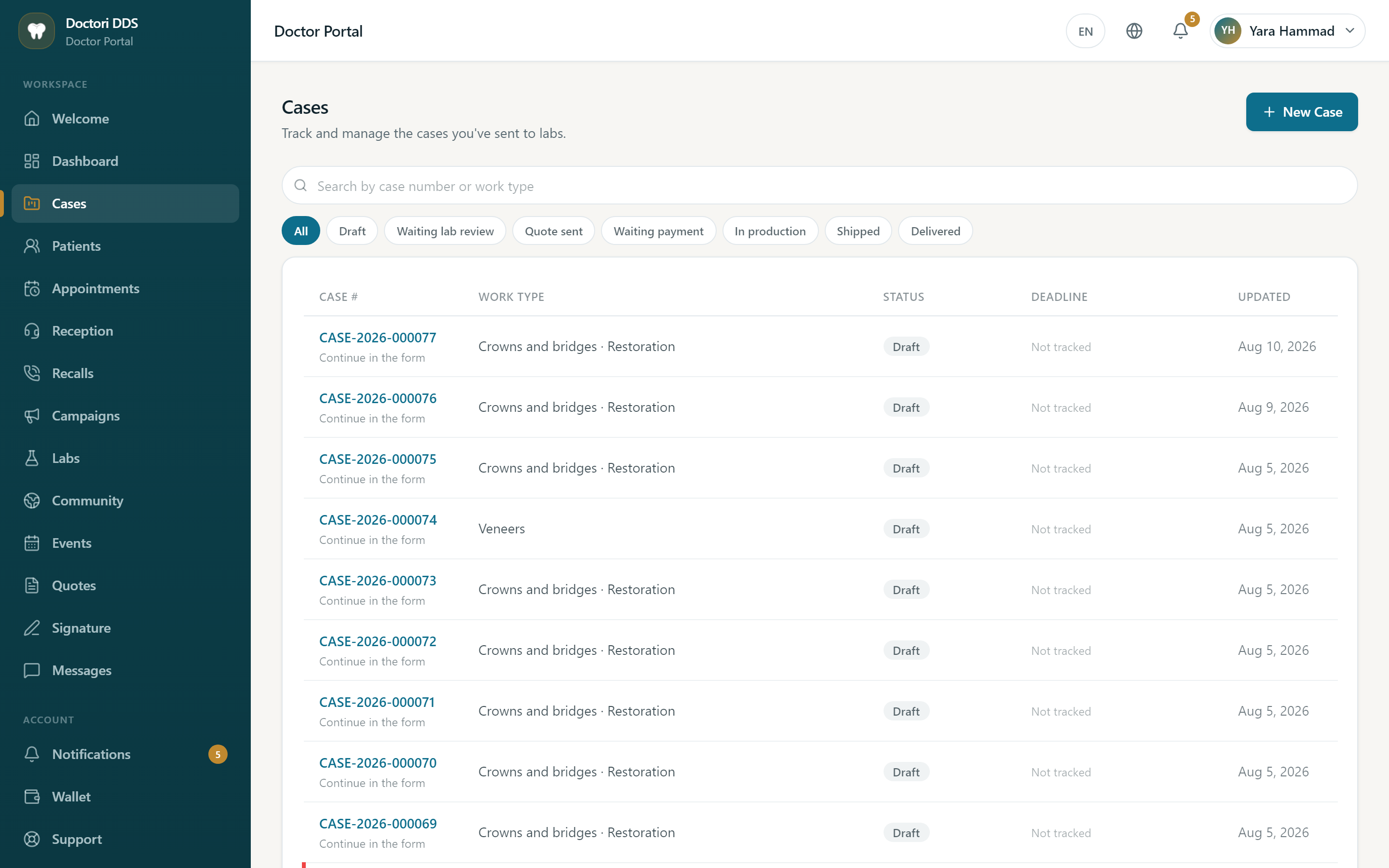 The clinic's case list with search, filters and paging.