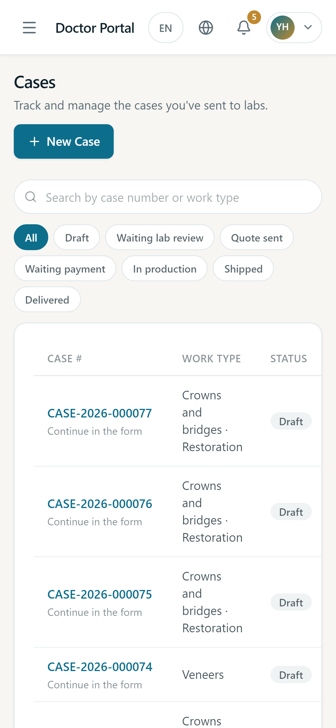 The case list on a phone, with search and filters.