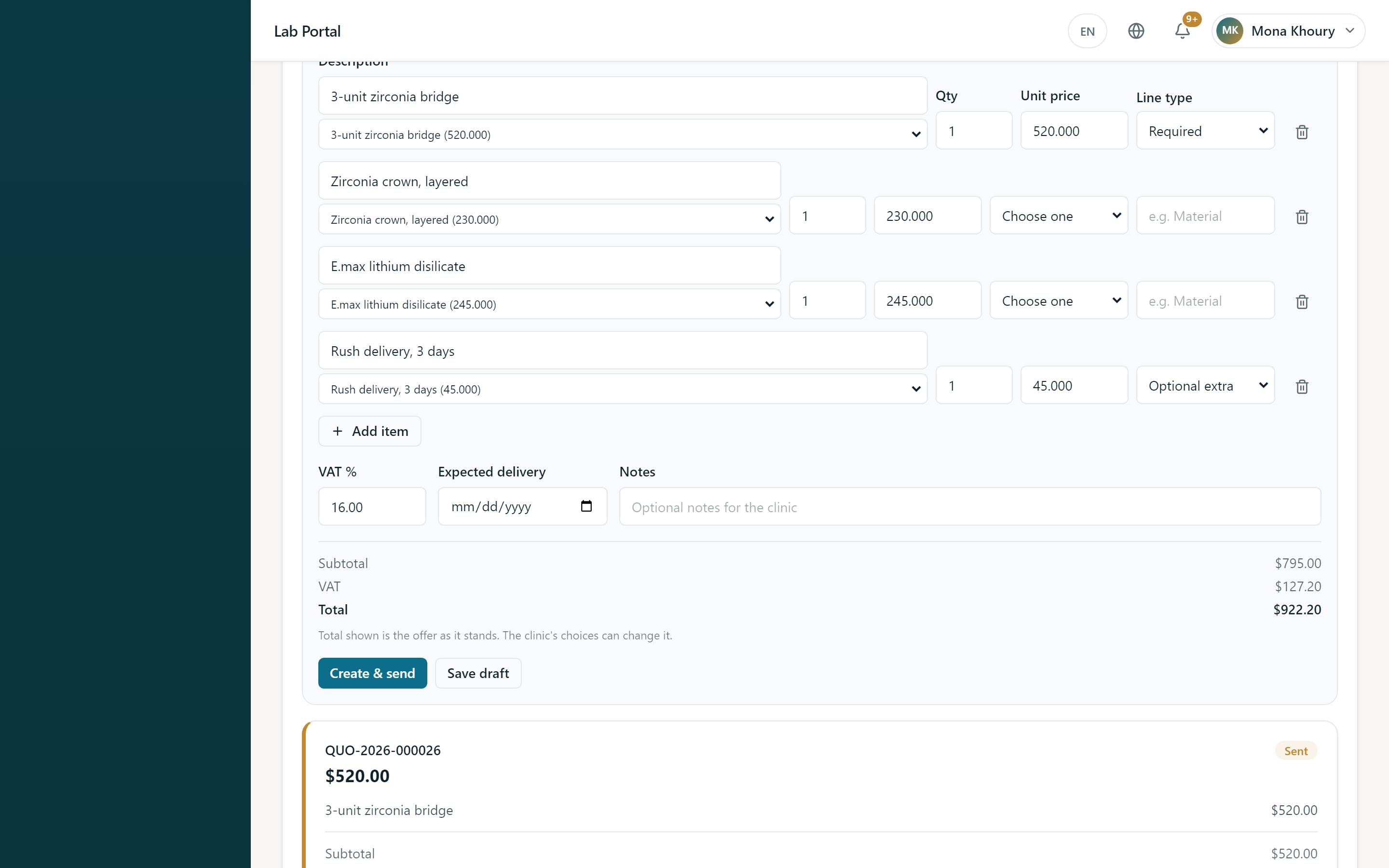 The laboratory's quote builder with catalogue lines, quantities, unit prices and line types.